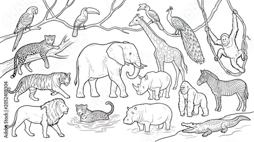 Photography Jungle animals coloring page vector, wild safari wildlife collection in line art