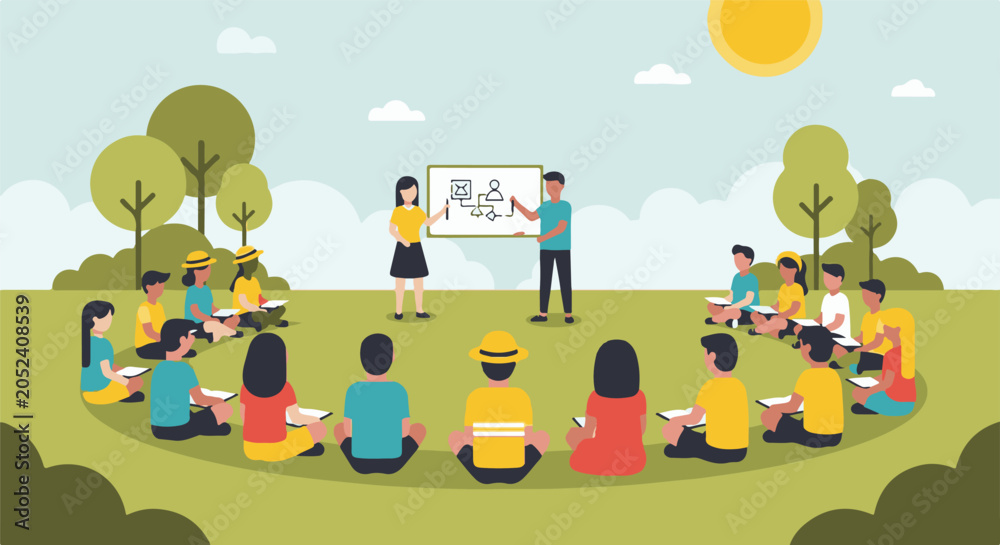 Fototapeta premium Outdoor classroom with students and teacher