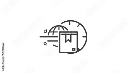 Simplified graphic of a package with a globe and clock, implying timely global shipping or delivery