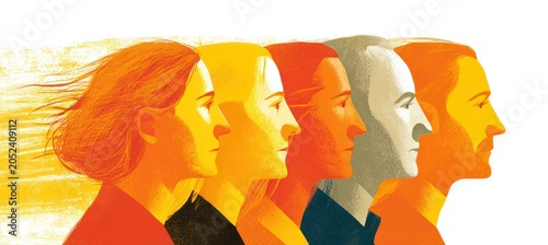 Colorful illustration of diverse human profiles in a row with flowing hair and vibrant backgrounds