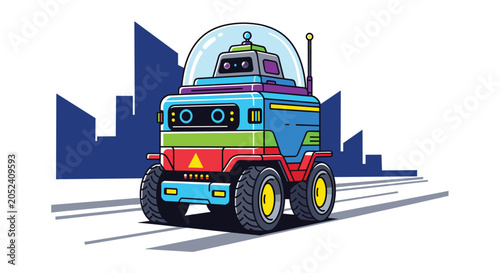 A futuristic blue and red robot with a glass dome helmet and oversized tires moves across a flat surface in front of a modern city silhouette under bright lighting.