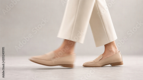 Cream Loafers Walking With Elegant Beige Trousers