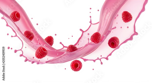 Raspberry juice splash with fresh raspberries isolated on transparent background