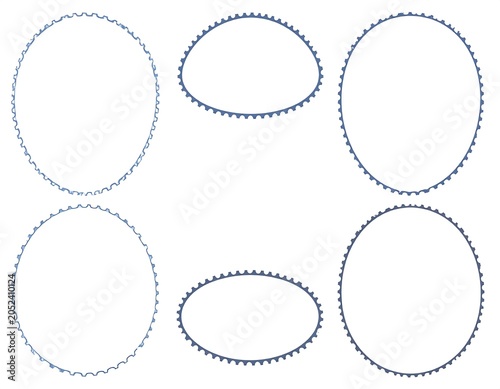 Six symmetrical, varying oval and oblong decorative outlines, each with a detailed, textured, blue-tone border, on a clean, bright background
