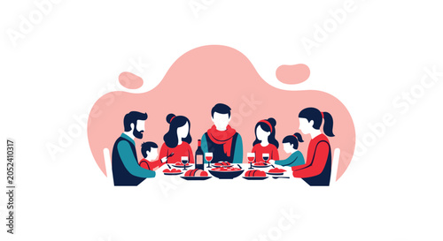 A multi-generational family enjoys a communal meal together while sitting around a dining table in a simple flat illustration style with a soft light pink background.