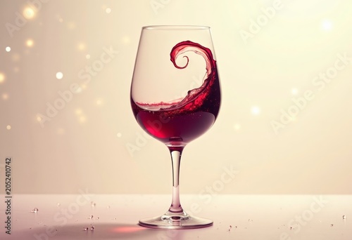Red wine swirling in a clear glass with a delicate stem, illuminated by soft light against a blurred golden background, creating an elegant and refined atmosphere