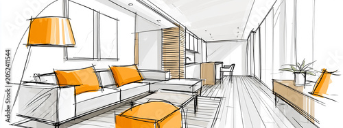 Contemporary open-plan apartment sketch with vibrant orange color accents on the sofa cushions and lampshade.