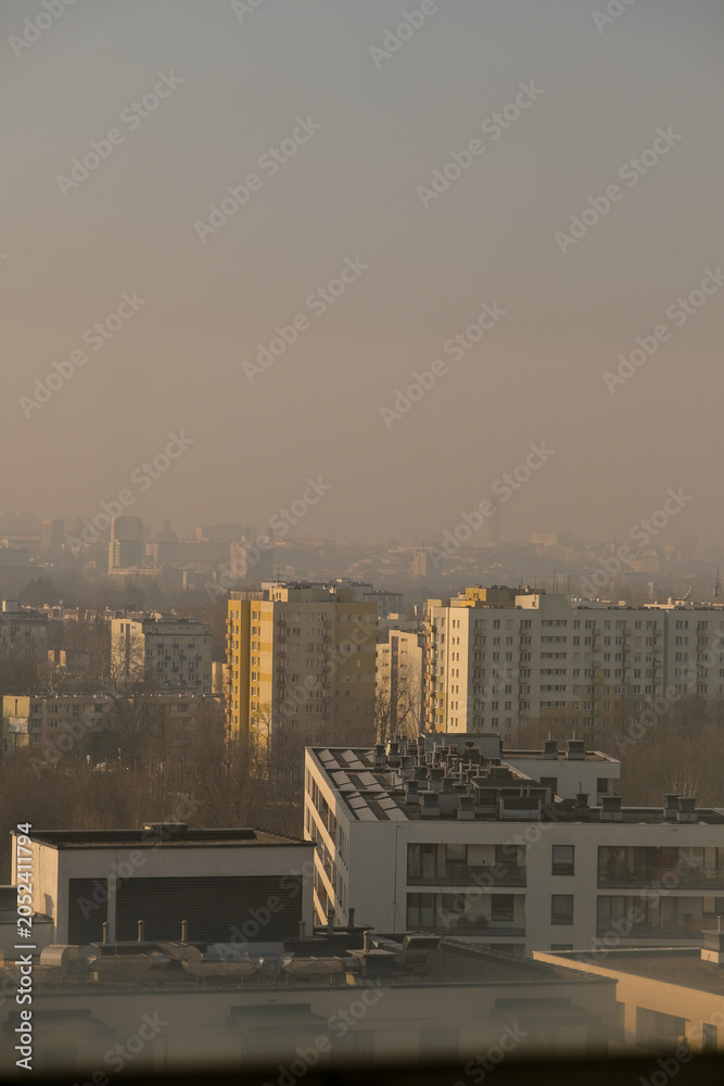Fototapeta premium Urban buildings enveloped in thick city smog