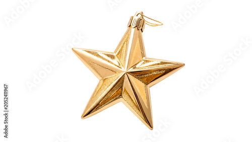 Hanging shiny golden star Christmas ornament decoration with a string isolated on transparent background Png cut out