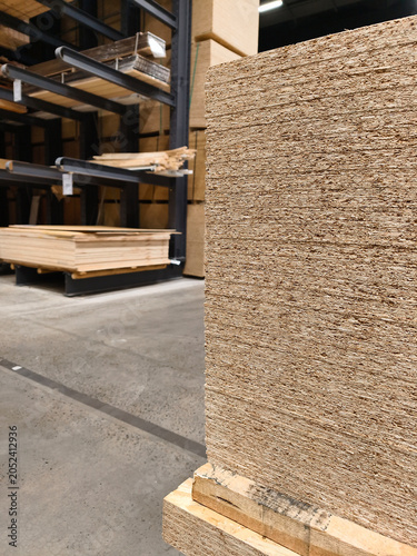 Oriented Strand Board or OSB, construction panel for wall sheathing roofing and other wood product application sold in building supermarket