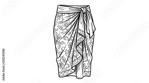 Elegant Sarong Illustration with Intricate Floral Design and Tied Knot Detail.