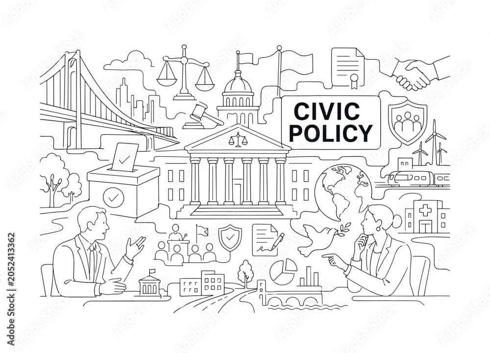 Obraz premium Government Politics Civic. Clean one-line drawing banner composition showing an oversized courthouse and ballot box spanning all canvas edges, 2 civic leaders discussing law, justice, voting,