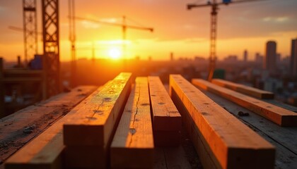 Wooden beams rest on a construction site at sunset. Cranes and city skyline visible in soft orange light. Building materials in foreground during golden hour.