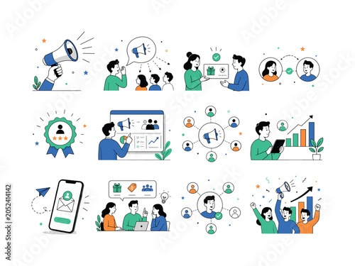 Referral Megaphone Marketing. Referrals, loudspeaker, business marketing, advertising, invite program, customer recommendation, campaign communication, and referral growth. 12 minimalist editorial
