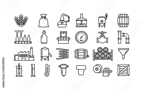 Distillery Process Equipment. Line icon set of whiskey distillery production: barley grain, malt bag, copper still, mash tun, fermentation tank, oak barrel, bottling line, glass bottle, conveyor belt,