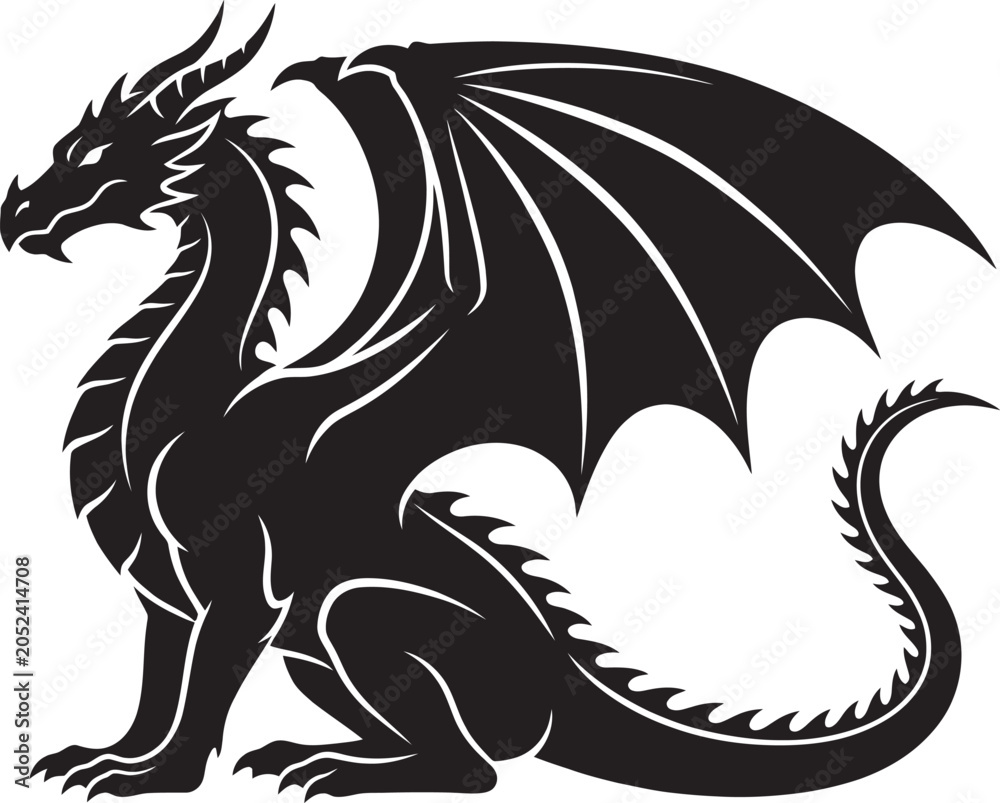 Obraz premium Black dragon silhouette with wings spread