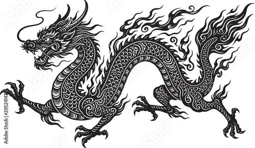 Εκτύπωση καμβά Black dragon with flames in a dynamic pose