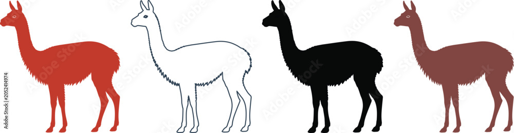Fototapeta premium Vicuna silhouette vector set, wild andean camelid icons, south american guanaco and alpaca animal shapes, minimalist nature graphics
