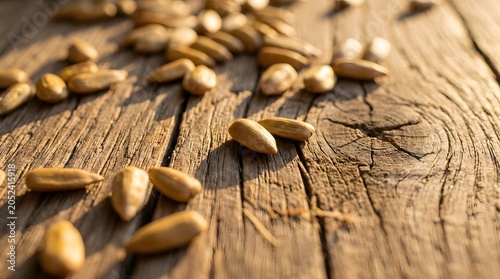 Wheat Grains Scattered on Rustic Wooden Surface