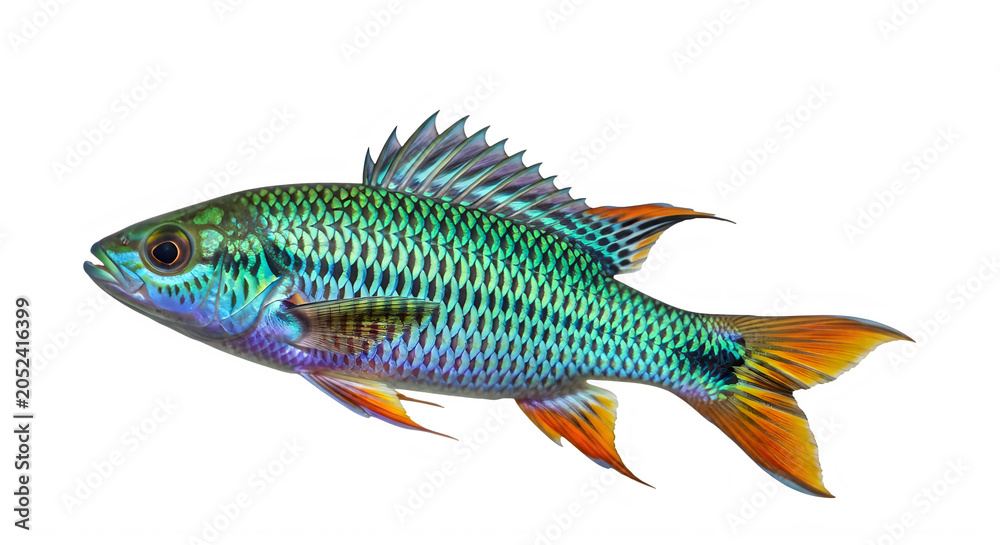 Fototapeta premium Colorful pixel art fish swimming left isolated on transparent background
