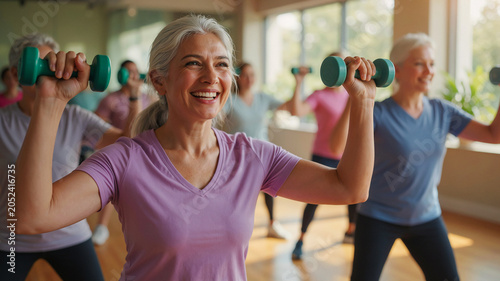Happy active senior woman smiling while performing dumbbell overhead press exercise during a group fitness class in a bright gym, promoting healthy aging and wellness for mature adults.