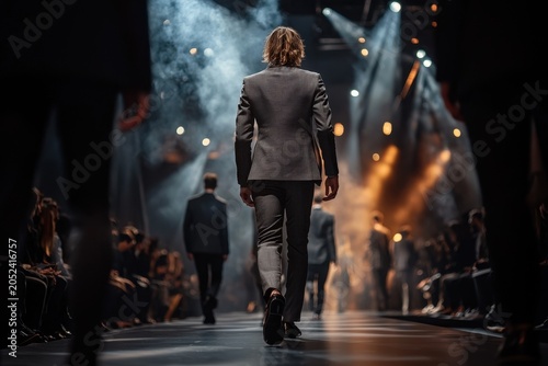 Runway model in gray suit on fashion stage with spotlight and audience, back view, elegant modern catwalk scene