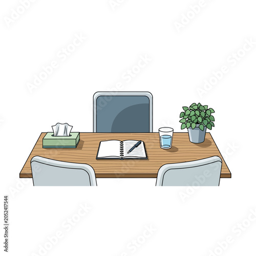 Desk with monitor notebook pen plant tissue box and cup on white background.