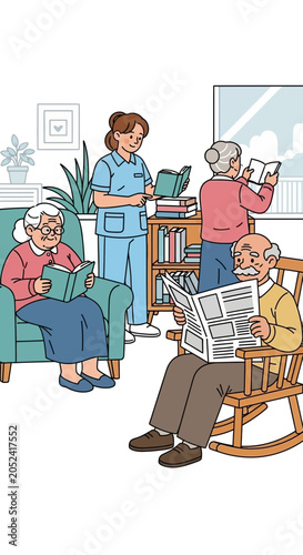 Nurse attends to elderly people relaxing in a living room setting.