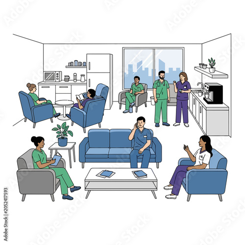 People in scrubs relaxing in a lounge area with furniture and cityscape view.