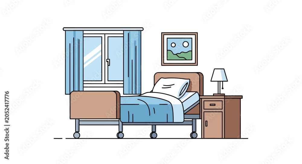 Fototapeta premium Hospital room illustration with bed window curtains bedside table and framed picture.