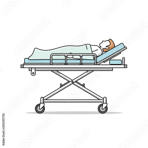 Person lies on a hospital gurney covered with a blanket illustration.