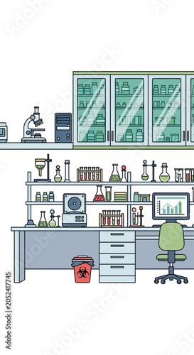Illustration of a laboratory interior with equipment shelves and a computer station.