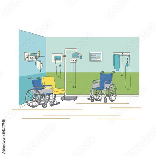 Two wheelchairs and accessibility aids in a room with blue and green walls.