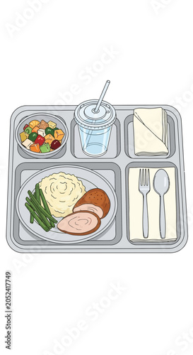 Tray with compartments containing food items including meat vegetables and dessert.