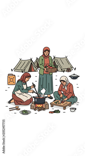 Three people sit around a campfire near tents illustration.