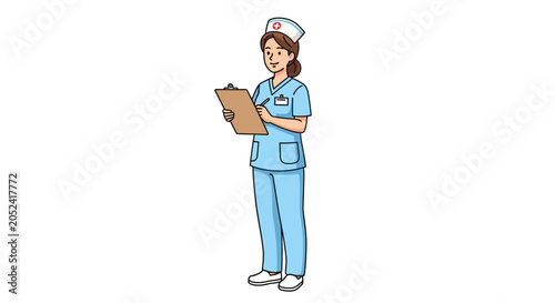 Cartoon nurse in uniform holding clipboard and pen on white background.