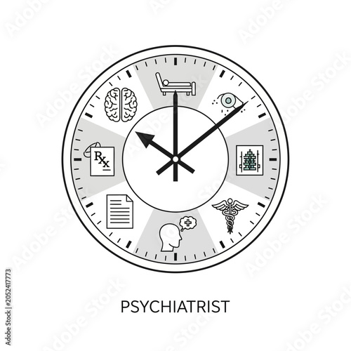 Clock face with mental health icons representing psychiatrist or psychology concept.