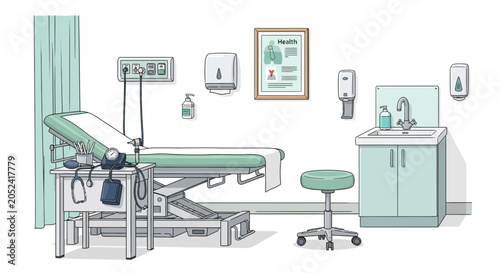 Examination room with medical bed sink stool and equipment against white wall.