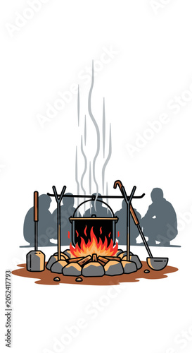 Campfire with cooking pot and silhouettes of people around it on white.