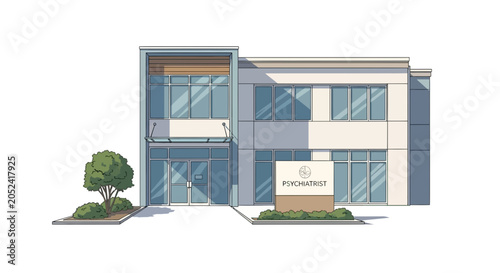 Modern two-story building with large windows and a small tree.