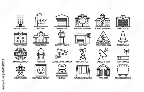 City Infrastructure Lines. Line icon set of urban areas: office tower, factory, warehouse, hospital building, school building, fire station, police station, train station, airport tower, bus stop,