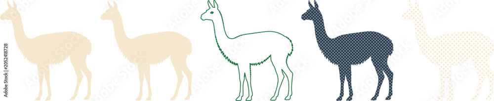 Naklejka premium Minimalist alpaca silhouette collection, set of 5 llama vector icons, flat vicuna animal graphics in neutral earth tones and outline style isolated PNG with Transparent Background