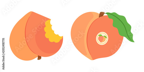 Peach vector set. Bitten fresh peach and whole peach with green leaf and circular label. Hand drawn flat style isolated. For stickers, menus, posters, food packaging, recipe blogs, organic branding.
