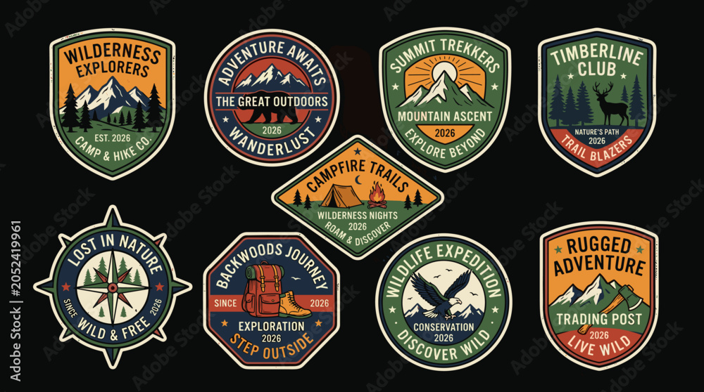 Naklejka premium Heritage Wilderness Club Badge Collection with Mountain Trekking Emblems, Outdoor Adventure Insignias and Explorer Society Logos