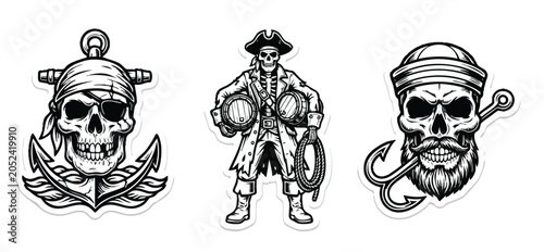 Foto Vintage Pirate Skull and Anchor Illustrations in Black and White