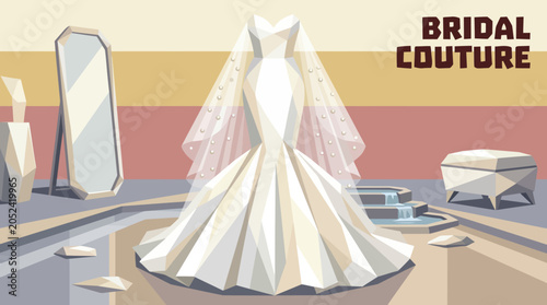 Tableau sur toile Luxury mermaid style white bridal gown with pearl detailed tulle overlay and ele