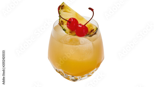 Bild auf Leinwand Yellow cocktail with pineapple slice and cherries in glass
