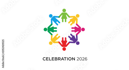 Colorful celebration logo with diverse hands.