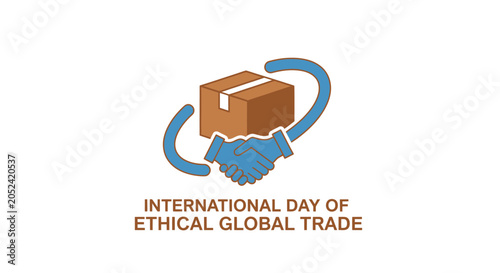 International Day of Ethical Global Trade logo with handshake and box.