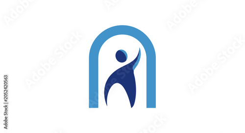 A blue logo of a person under an arch.